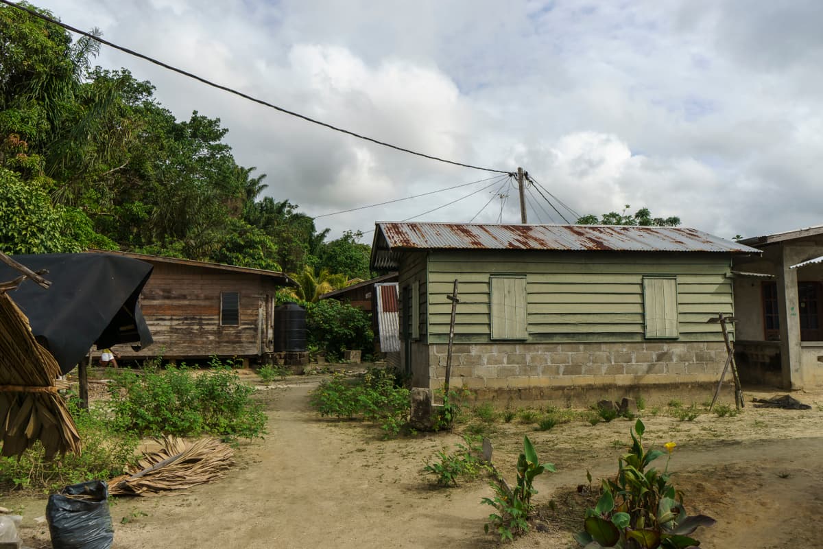 Maisons au toit de chaume dans un village marron de l’intérieur du Suriname